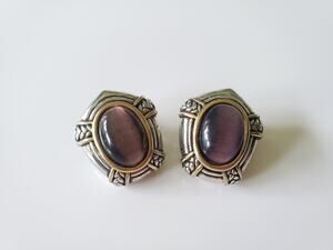 Vintage Silver and Purple Stone Oval Clip On Earrings